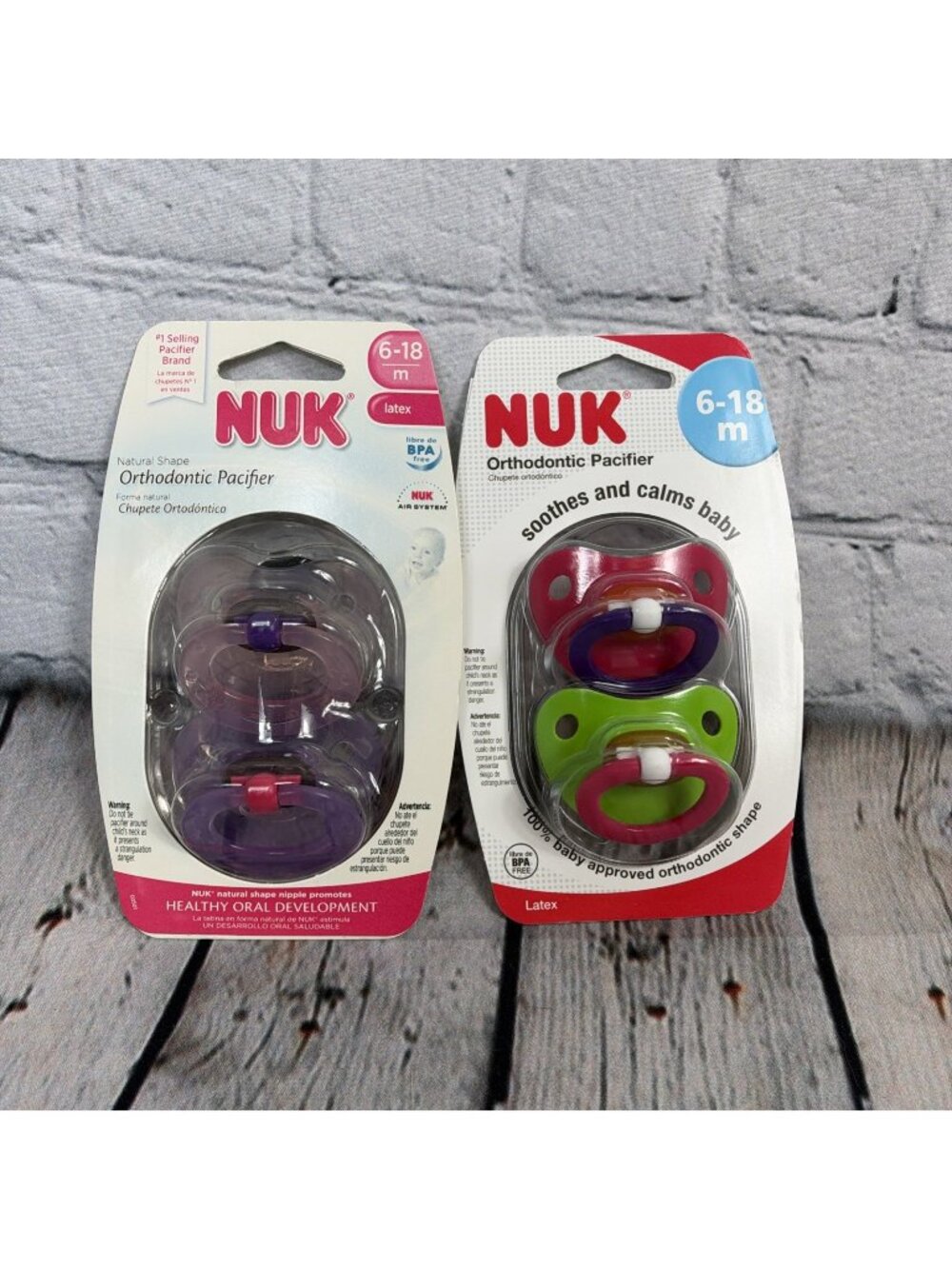 2 - 2 Pack NUK Latex Orthodontic Pacifiers for 6-18 Months BPA Free Pink Purple